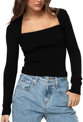 PUERY Casual Solid Women Black Top