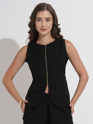 Dressberry Formal 3/4 Sleeve Solid Women Black Top