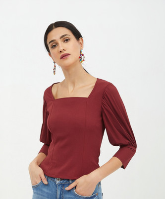 HARPA Casual 3/4 Sleeve Solid Women Maroon Top