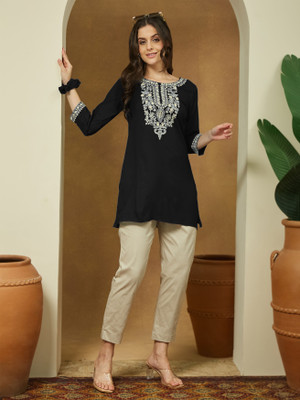 Janasya Casual Embroidered Women Black Top