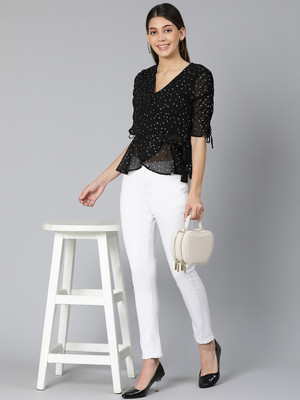 OXOLLOXO Casual Polka Print Women Black Top