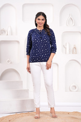 Pittra4ever Casual Printed Women Dark Blue Top