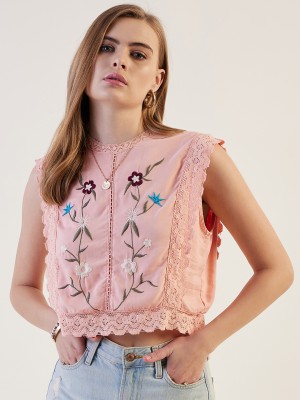 Freehand Casual Embroidered Women Pink Top