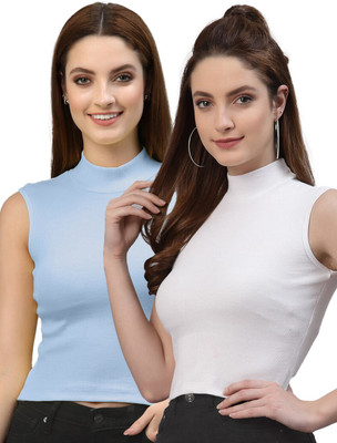 Knite wolf Casual Solid Women Light Blue, White Top