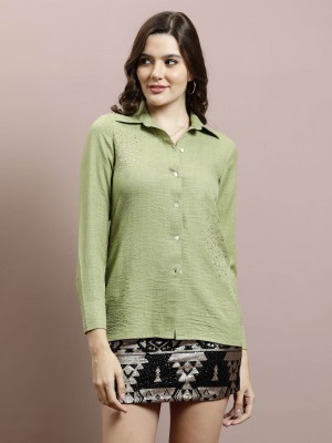 ATHENA Casual Embroidered Women Green Top