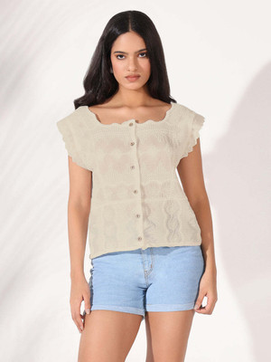 SHOWOFFFF Casual Embroidered Women Beige Top