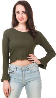 FAIRIANO Casual 3/4 Sleeve Solid Women Green Top