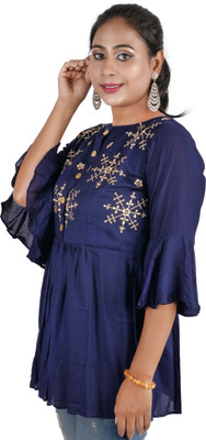 DRESSED UP DIVAS Casual Embroidered Women Dark Blue Top