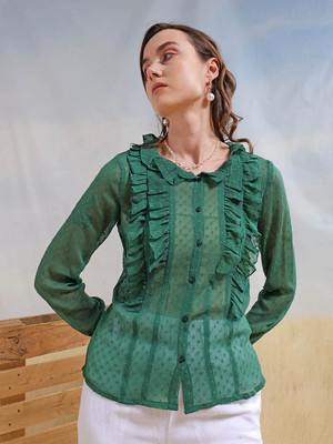 Freehand by The Indian Garage Co. Casual Full Sleeve Solid Women Dark Green Top