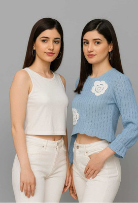 NEHA FASHIONNN Casual Solid Women Black, White Top