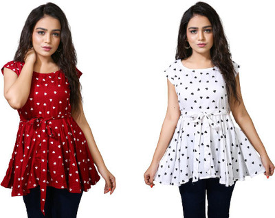 SkymanFashions Casual Printed Women Maroon, White Top