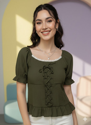 QUINTESSENTIALS Casual Self Design Women Green Top