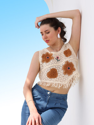 Boho By Athena Casual Geometric Print Women Beige, Brown Top