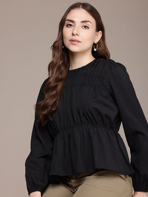 French Connection Casual Self Design Women Black Top