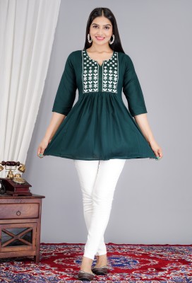 JAATNI Casual Embroidered Women Dark Green Top