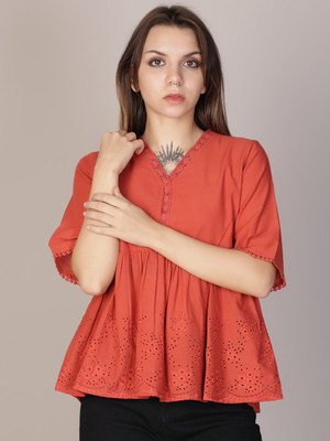 V-MART Casual Self Design Women Brown Top