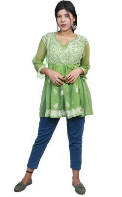 Zeeba Chikankari Casual Embroidered Women Green Top