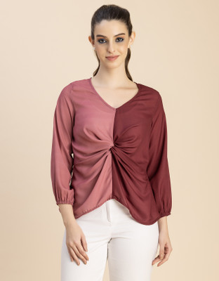 moomaya Casual Color Block Women Maroon, Pink Top