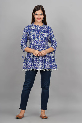 RAJBHARAT Casual Printed Women Dark Blue, White Top