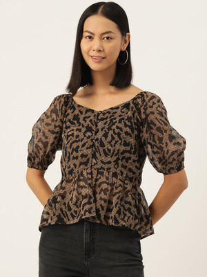 Moda Rapido Casual Animal Print Women Brown, Black Top