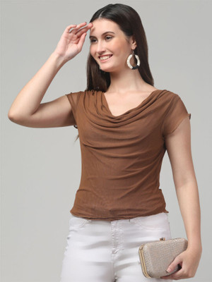 clobug Casual Solid Women Brown Top