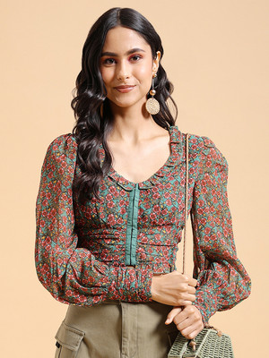 Tokyo Talkies Casual Printed Women Green Top