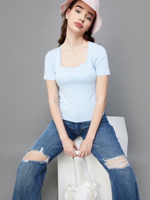 Ginger by Lifestyle Casual Solid Women Light Blue Top