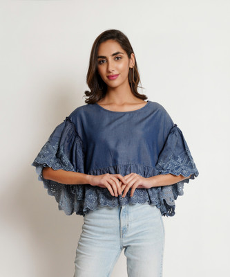 9 impression Casual Embroidered Women Dark Blue Top