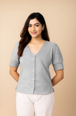 PEBSTONE Casual Solid Women Grey Top