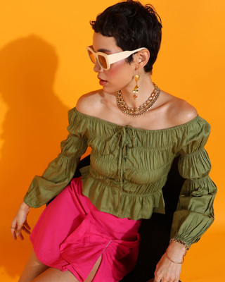 OTTAVIA Party Solid Women Dark Green Top