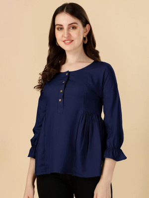 Rudra Fab Casual Solid Women Dark Blue Top