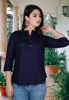 Moda Casa Casual Solid Women Dark Blue Top