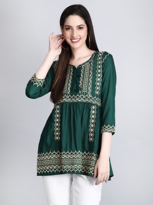 SHREE SHYAM FASHION Casual Embroidered Women Dark Green, Gold Top