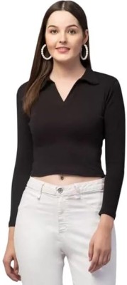 leathex Casual Solid Women Black Top