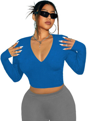 THE BLAZZE Casual Solid Women Dark Blue Top