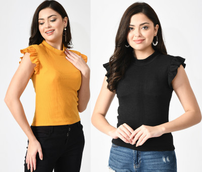 GLADLY Casual Solid Women Black, Yellow Top