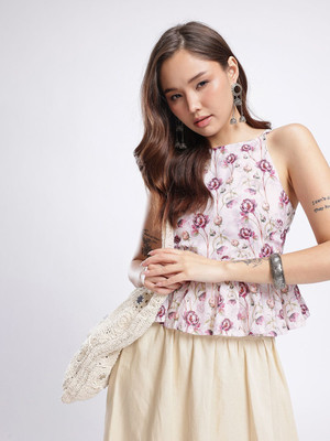 fusion by glitchez Casual Printed Women White, Pink Top