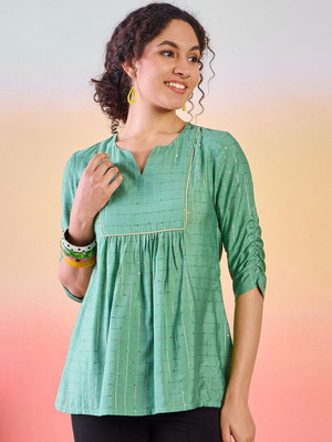 Sangria Casual Checkered Women Green Top