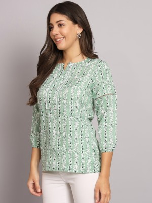 HELLO DESIGN Casual Printed Women Dark Green, Light Blue, White Top