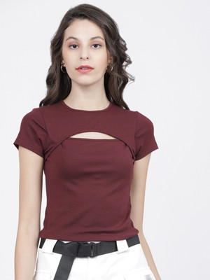 Tokyo Talkies Casual Half Sleeve Solid Women Maroon Top