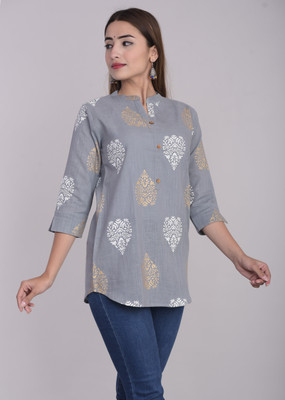 FEBIA Casual 3/4 Sleeve Printed Women Grey Top