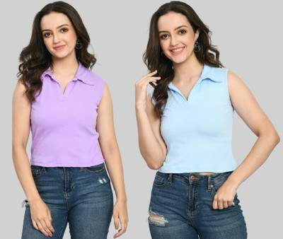 GLADLY Casual Solid Women Purple, Light Blue Top