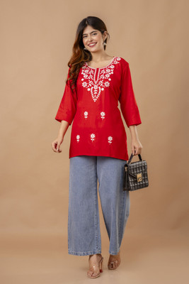 Samiksha Enterprises Casual Embroidered Women Red Top