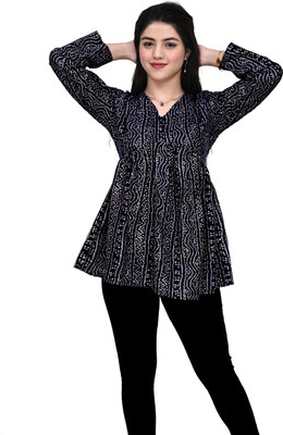 AMORE CREATION Casual Geometric Print Women Black Top