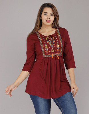 Naiwal Creation Casual Embroidered Women Maroon Top