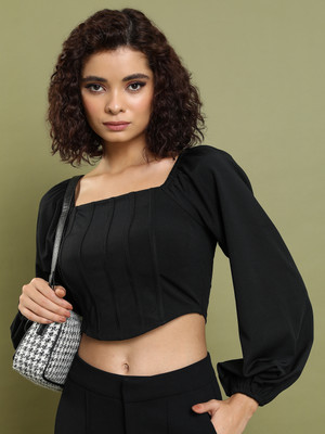 Tokyo Talkies Casual Self Design Women Black Top