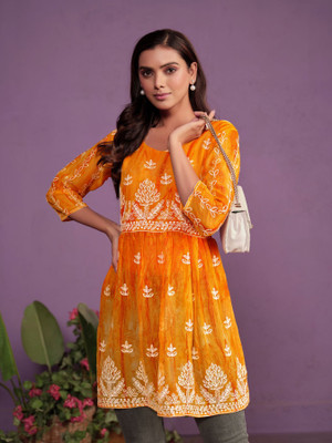 Anmi Embroidered Women Flared Kurta(Orange)