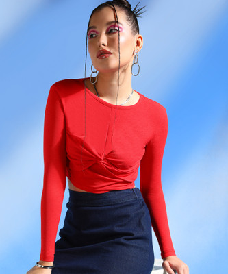 VICIA Casual Solid Women Red Top