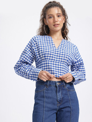 Glitchez Casual Checkered Women Blue Top