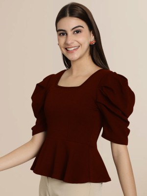 ANNSPRING Casual Solid Women Maroon Top